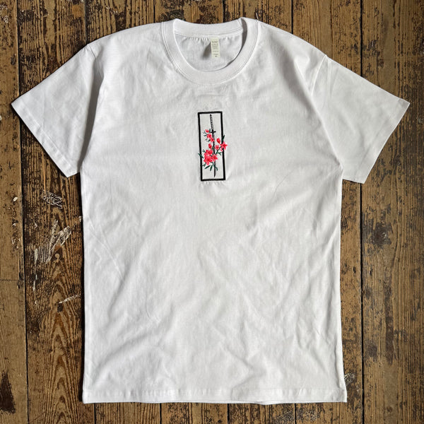 Actual Fact Katana & Sakura Premium Samurai embroidered White T-shirt