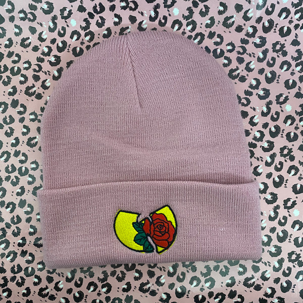 Wu Roses Roll Up Beanie In Dusky Pink